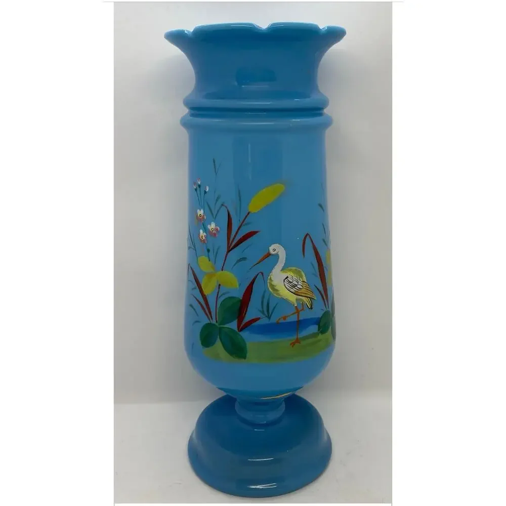 Late 19th Century Victorian Bristol Blue Glass Hand Painted and Enameled Vase